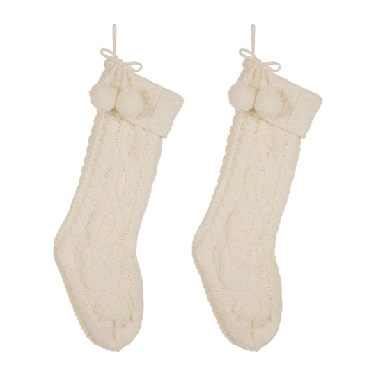 Glitzhome&#xAE; 24&#x22; White Knitted Polyester Christmas Stocking with Pom Pom, 2ct.